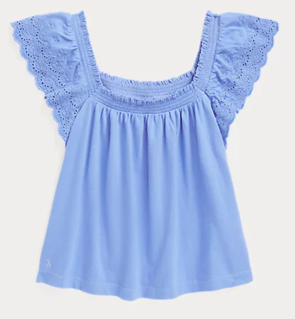 Polo Ralph Lauren Girls Eyelet Embroidered Cotton Jersey Top Blue Size S(7)